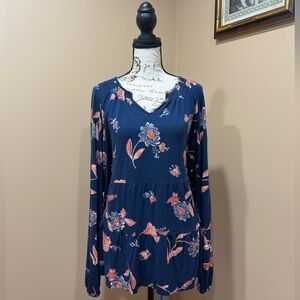 Wonderly Floral Peplum Tunic Top Women’s Plus 2X Blue Long Sleeve Boho Blouse